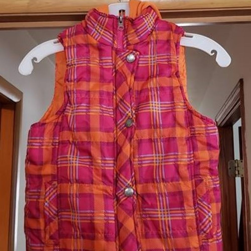 Pretty Girls Pink Orange Plaid Hooded Vest Sz 7/8